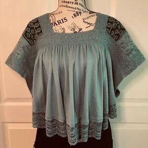 Free People XS Prairie Days Boho Green Embroidered With Crocheted Lace Knit Top